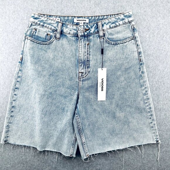 Vigoss Bermuda Denim Jean Size 27 Shorts Frayed Hem High Rise Blue Light Wash - Picture 1 of 14
